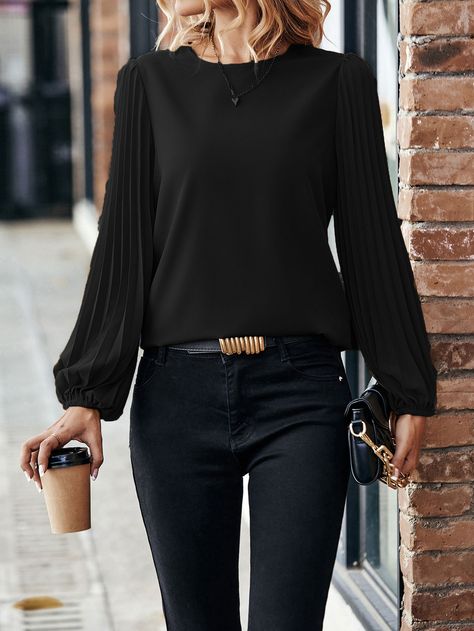 Black Casual Collar Long Sleeve Fabric Plain Top Embellished Non-Stretch  Women Clothing Lantern Sleeved Blouses, Coachella Dress, Round Neck Shirt, Pleated Blouse, Elegant Blouses, Lantern Sleeve, Looks Style, Plus Size Blouses, Black Top