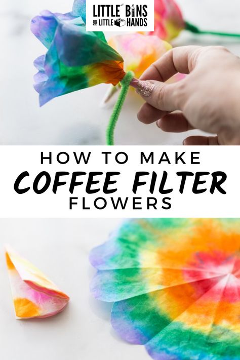 What’s nicer than a fresh bouquet of flowers? How about a homemade bouquet of flowers made with STEAM (Science + Art)! Easy coffee filter flowers are the perfect craft for summer, or any time of the year. Find out how to make flowers out of coffee filters. Diy Flowers Preschool, Coffee Filter Flower Craft, Flowers With Coffee Filters, Coffee Filter Process Art, How To Make Flowers From Coffee Filters, Flower Science For Toddlers, Art Projects With Coffee Filters, Coffee Filter Bouquet, Flower Coffee Filter Craft