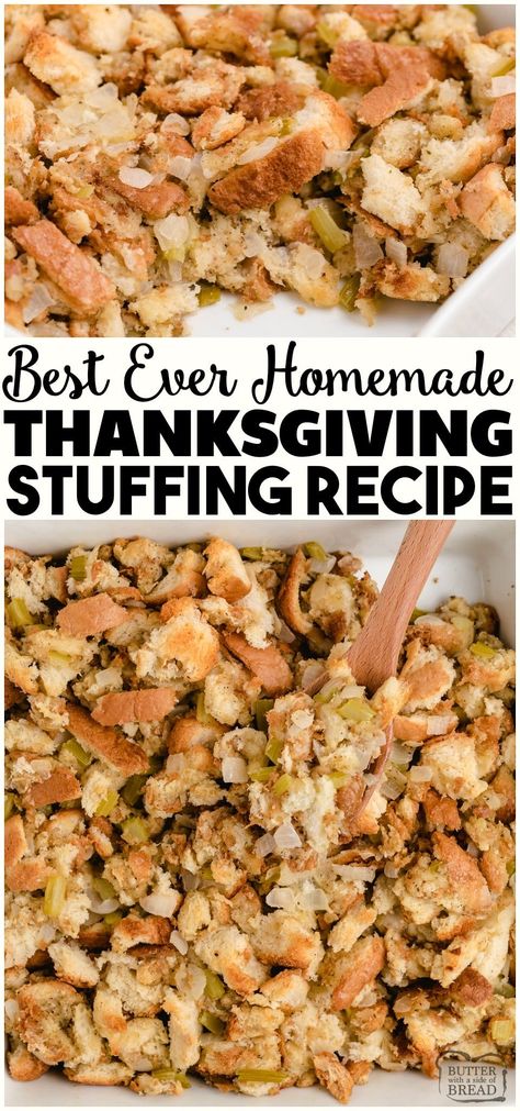 Our Homemade Thanksgiving stuffing recipe made with just 6 simple ingredients! Easy Thanksgiving Dressing recipe combines fresh bread, vegetables, & chicken broth for a simple & flavorful turkey side dish. #Thanksgiving #Stuffing #Dressing #sidedish #easyrecipe from BUTTER WITH A SIDE OF BREAD Essen, Easy Thanksgiving Dressing, Easy Thanksgiving Dressing Recipe, Thanksgiving Dressing Recipe, Turkey Dressing Recipe, Stuffing Easy, Thanksgiving Stuffing Recipe, Homemade Stuffing Recipes, Turkey Side Dishes