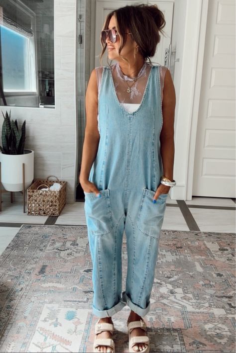 We The Free High Roller Jumpsuit curated on LTK Styling Linen Overalls, Mom Outfits 2024, Cool Mom Outfits Summer, Boho Jumpsuit Outfit, Free People Jumpsuit Outfit, Linen Overalls Outfit, Alabama Outfits, Casual Jumpsuit Outfit, Teacher Outfit Ideas