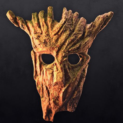 Wooden mask for Stone Rage, Zeljko Mihajlovic Wood Mask Fantasy Art, Wooden Mask Fantasy Art, Wooden Masks, Corpus Callosum, Ages Of Man, Wooden Mask, Mask Aesthetic, Rough Wood, Witch Doctor