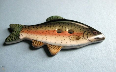 Beautiful Ceramic Realistic Fish Shape Trout Button by Idabelle Byer | #1885801226 Ocean Clay Ideas, Air Dry Clay Fish, Fish Items, Fish Clay, Pottery Buttons, Fish Pottery, Fish Accessories, Fish Ceramic, Ceramic Bead Jewelry