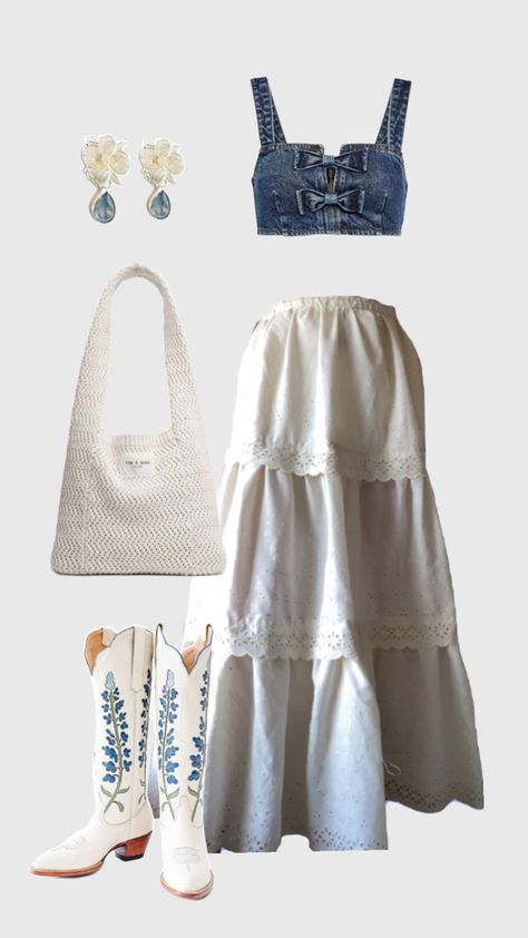 Upcycled crème tiered skirt styled with denim bow top, blue floral cowboy boots, flower earrings Floral Cowboy Boots, Upcycled Denim Skirt, Upcycled Skirt, Denim Bows, Bow Top, Bow Tops, Upcycled Denim, Tier Skirt, Tiered Skirt