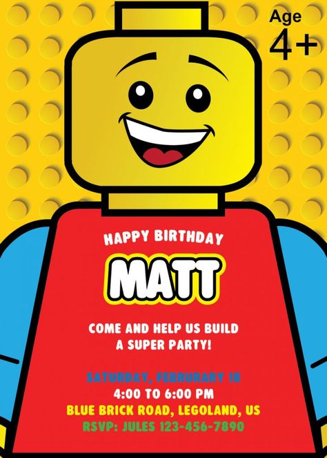 Lego Birthday Party Invite Cricut Lego, Lego Invite, Lego Invitation, Lego Birthday Invitation, Lego Party Invitations, Lego Birthday Invitations, Happy Birthday Matt, Diy Kids Birthday Party, Lego Invitations