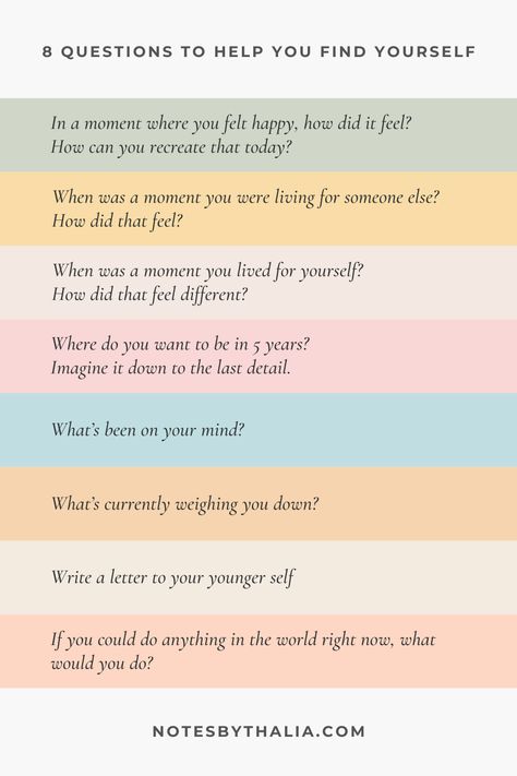 8 Questions and Journal Prompts To Help You Find Yourself During Times of Struggle Infographic black italic text on coloured rectangles Self Understanding Questions, Sense Of Self Activities, Journal Prompts When Feeling Down, Self Regulation Journal Prompts, Frustration Journal Prompts, Daily Thoughts Journal, Journal About Feelings, People Pleaser Journal Prompts, Mental Health Prompt Questions