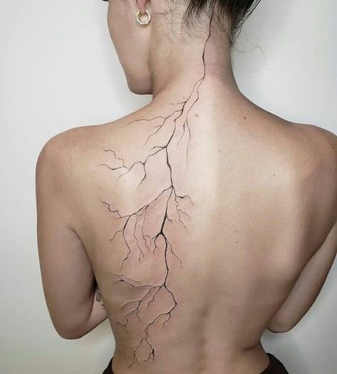 Back Tattoos Lightning, Lightning Tattoo Spine, Tattoo Covered Women, Spine Lightning Tattoo, Lightening Tattoo Back, Lightening Spine Tattoo, Rare Spine Tattoos For Women, Lightning Back Tattoo Women, Back Tattoo Lightning