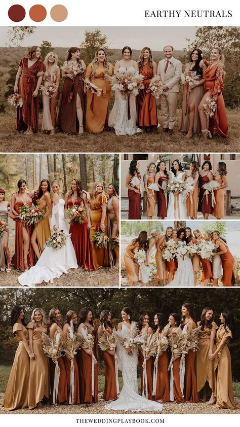 Bridesmaids With Different Dresses Same Color, Earthy Neutral Bridesmaid Dresses, Multi Pattern Bridesmaid Dresses, Bridesmaid Autumn Dresses, Mismatched Bridesmaid Dresses Fall Color Palettes, October Bridesmaid Dress, Seven Bridesmaids, Autumn Colour Bridesmaid Dresses, Best Bridesmaid Dresses Color