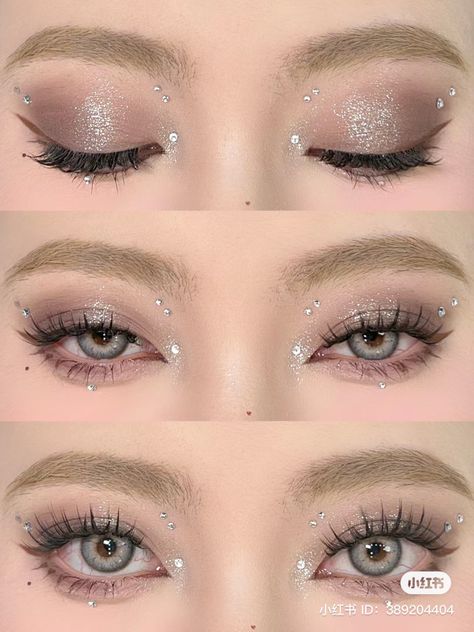 Festival Eye Gems, Jeweled Makeup Looks, Rhinestone Face Makeup, Eye Makeup With Gems, Makeup With Pearls, Pearl Makeup Looks, Pearl Eye Makeup, Douyin Eye Makeup, Diamond Makeup