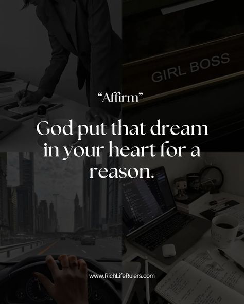 Here's you should know, why your dreams matter ⤵️ God placed that dream deep in your heart because it has a purpose, a reason meant just for you. 🌟 It's like a special guide to what makes you happy and fulfilled. So, don't ignore it—believe in it! Embrace that dream, hold onto it, and let it guide you to a richer, more satisfying life. 💫 Follow @richliferulers1 for inspiration and practical tips on turning your dreams into reality. We're here to cheer you on! 🥂 Now, imagine this: What ... Turn Dreams Into Reality, God Put That Dream In Your Heart, Soft Life, Dreams Into Reality, What Makes You Happy, You Happy, Girl Boss, Believe In You, Are You Happy