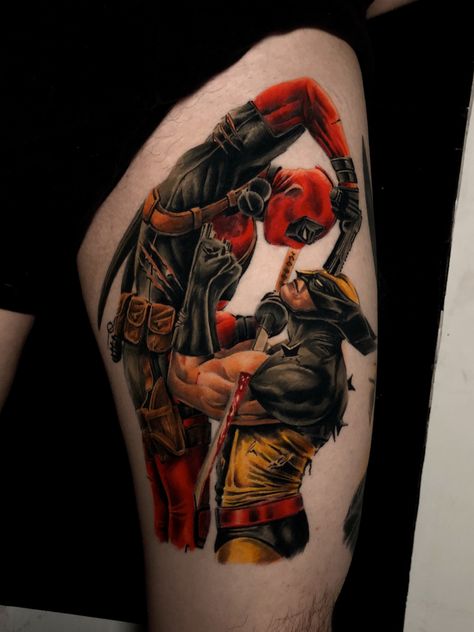 Marvel cómics wolverine dead Pool Deadpool Leg Tattoo, Deadpool And Wolverine Tattoo Design, Marvel Full Sleeve Tattoo, Deadpool And Wolverine Tattoo Ideas, Deadpool Wolverine Tattoo Ideas, Marvel Tattoos Sleeve, Marvel Leg Sleeve Tattoo, Cool Guys Tattoos, Deadpool Tattoo Black And White