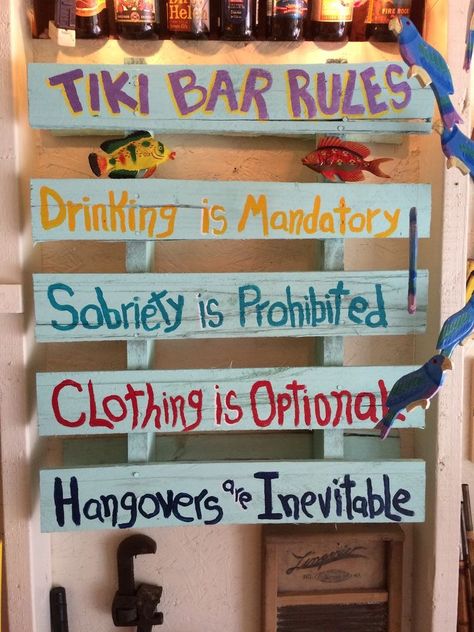 Vintage Bar Design, Diy Tiki Bar, Bar Rules, Tikki Bar, Outdoor Tiki Bar, Tiki Signs, Bar Design Ideas, Hawaian Party, Tiki Bar Signs