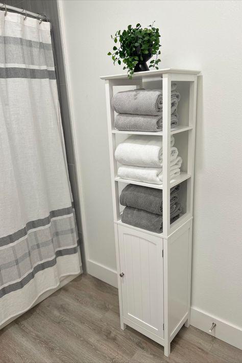 Practical storage for small space! This floor cabinet offers ample storage space while taking up little floor area. I love how it looks in my bathroom! Space Saving Dresser Ideas, Small Bathroom Ideas For Storage, Storage For Small Space, Space Saving Dresser, Master Toilet, Slim Bathroom Storage Cabinet, Short Storage, Bathroom Floor Storage, Bathroom Stand