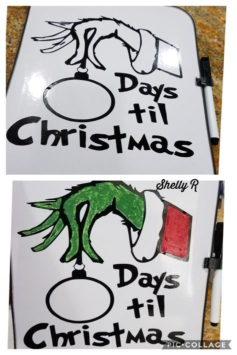 countdown until Christmas.   dry erase board bought at dollar tree. used the cricut to cut the design.  painted with acrylic paint. Whiteboard Christmas Countdown, Christmas Marker Board Ideas, Christmas Board Ideas For Work, Christmas Drawing On Whiteboard, Christmas White Board Calendar, December White Board Art, Christmas Whiteboard Calendar Ideas, Fall Dry Erase Board Ideas, Drawing Ideas On White Board