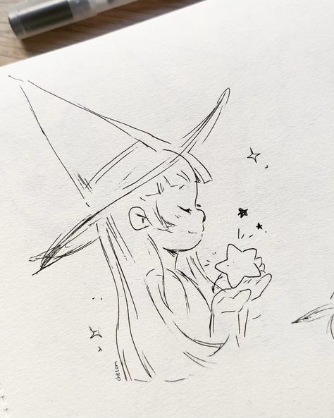 cute pen doodle sketch of a magical little witch girl holding a star illustration heikala inspired pen art whimsical sketch in sketchbook with muji black pen traditional art by chetom Heikala Sketch, Book Sketches Doodles, Character Design Sketches Sketchbooks, Witch Drawing Aesthetic, Art Reference Aesthetic, Black Marker Sketch, Cool Art Reference, Best Doodle Art, Witch Doodles