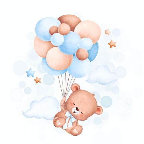 Watercolor illustration cute baby bear f... | Premium Vector #Freepik #vector #watercolor-bear #watercolor-stars #cute-watercolor #watercolor-baby Idee Babyshower, Balloon Invitation, Teddy Bear Party, Balloon Illustration, Boy Baby Shower Ideas, Bear Invitations, Baby Shower Invitaciones, Illustration Cute, Baby Shawer