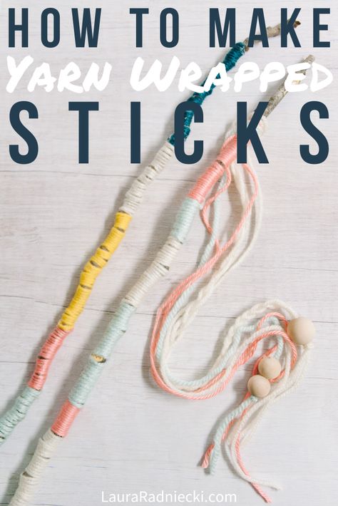 Looking for an easy nature craft for kids? Try these DIY yarn wrapped sticks! All you need are sticks, yarn and hot glue; let your imagination run wild! You can even turn these yarn wrapped sticks into magic wands! #naturecrafts #yarn #kidscrafts #lauraradniecki Stick Wrapped In Yarn, Yarn Sticks Craft, Yarn Wrapped Sticks, Easy Yarn Crafts For Seniors, Yarn Sticks, Yarn Wrapping, Painted Sticks Diy, Hunter Birthday, Senior Banquet