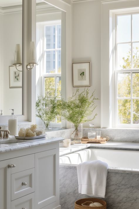 Southern Countryside Cottage Home Tour - AI Interior Design - Farmhouse Living Bathroom Seated Vanity, Tub Under Window, Marble Tub Surround, European Bathroom Design, European Bathroom, Southern Home Interior, Countryside Cottage, Farmhouse Interior Design, Primary Bathroom