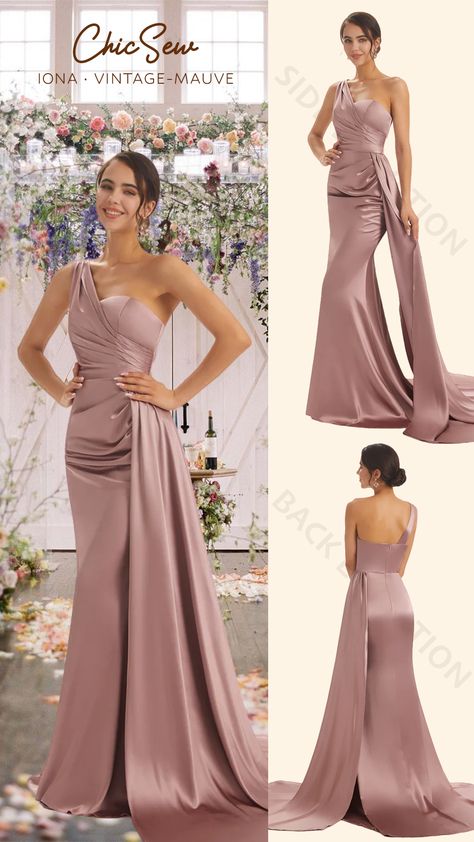 Main Of Honor Dress, Draped Bridesmaid Dress, Bridesmaid Satin Gown, Glamourous Bridesmaid Dresses, Mauve Evening Gown, Satin Mauve Bridesmaid Dress, Mauve Satin Bridesmaid Dress, Mauve Bridesmaids Dresses, Mauve Dress Bridesmaid