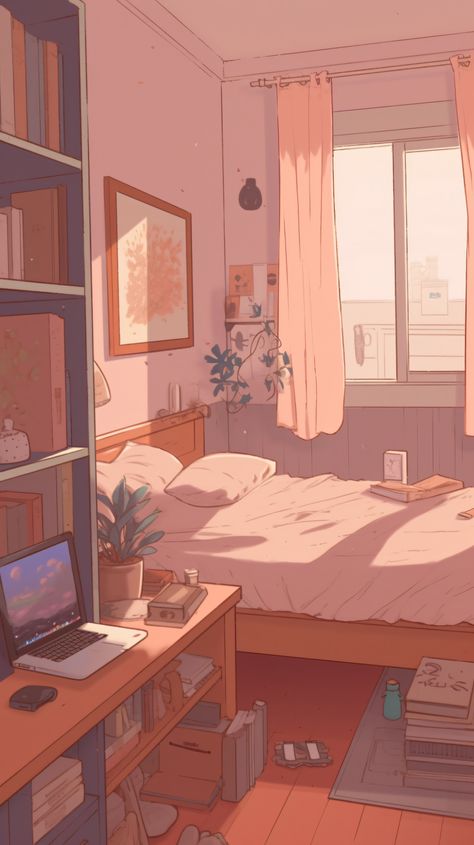 Room Aesthetic Illustration, Anime Room Aesthetic Wallpaper, Cozy Bedroom Drawing, Bedroom Drawing Illustrations, Anime Bedroom Art, Lofi Aesthetic Wallpaper Study, Cozy Anime Wallpaper, Drawing Room Aesthetic, Cozy Art Aesthetic