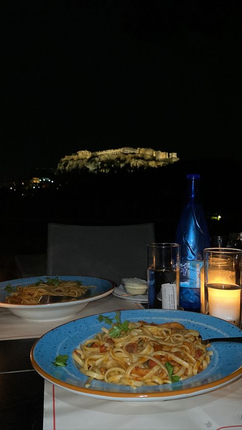 Essen, Dinner In Greece, Greece Dinner, Greece At Night, Athens Aesthetic, Dinner Date Aesthetic, Dinner With A View, Athens Airport, Mykonos Greece