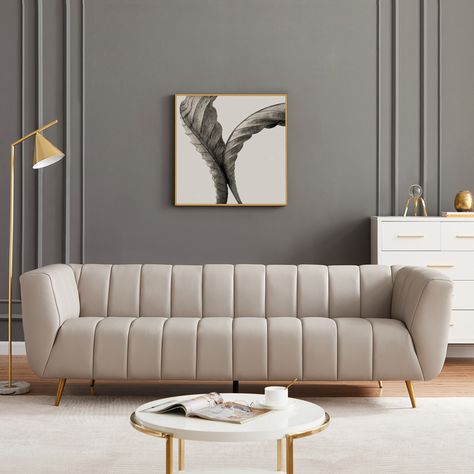 The Clovis living room sofa will provide a fresh and pleasing look to your space and will be the center of attention thanks to its tufted design. Modern Grey Leather Sofa, Full Grain Leather Sofa, Channel Tufted Sofa, Mid Century Modern Leather Sofa, Sofa Comfortable, Blue Leather Sofa, Grey Leather Sofa, Leather Sofa Couch, Sofa Blue