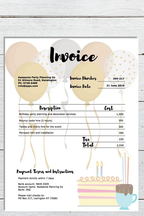 Excited to share this item from my #etsy shop: Invoice & Receipt Template Pack - Editable PDF Download - Party Planning/Kids' Entertainment Business - Letter size Balloon Decor Invoice, Balloon Garland Invoice, How To Start A Party Rental Business, Party Planner Business, Kids Party Rentals, Event Rental Business, Party Rentals Business, Event Planning Checklist Templates, Picnic Planning
