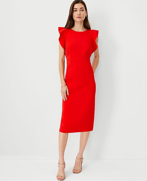 Ruffle shoulders lend a feminine flourish to this pretty midi sheath dress. Crew neck. Ruffle sleeves. Hidden back zipper with hook-and-eye closure. Back vent. Lined.,Imported:Imported,Length:26" from natural waist,Fabrication:Shell: 95% Polyester, 5% Spandex; Lining: 100% Polyester,Garment Care:Machine Washable Petite Ruffle Shoulder Sheath Midi Dress by Ann Taylor Size petite - 00 Fiery Red Women's Sheath, Regular, Crew, Neck, Sleeveless, Dresses, Shell 95%, Polyester, 5%, Spandex Lining 100%, Polyester, Machine, Washable Extra Dresses, Sheath Midi Dress, Petite Midi Dress, Sleeveless Dresses, Midi Sheath Dress, Fiery Red, Ruffle Sleeves, Neck Ruffle, Size 16 Dresses