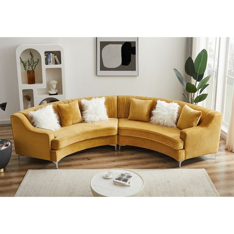 Curved Couch Living Room, Gold Couch, Curved Couch, Tufted Couch, Gemstones Chart, Curved Sectional, Flat Decor, Condo Design, Modern Sofa Sectional
