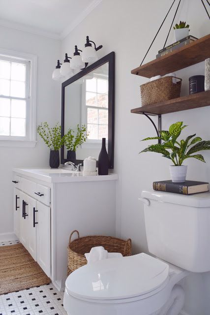 Black and White Bathroom with Wood Accent - DIY Modern Farmhouse Decor Delightfully Chic Signature Collection - swing shelf Tiny Shower Room, Small Farmhouse Bathroom, Restroom Remodel, Dekorere Bad, Decor Baie, Farmhouse Bathroom Decor Ideas, Farmhouse Bathroom Remodel, Modern Farmhouse Diy, White Bathroom Decor