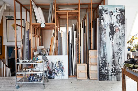 Art Studio Setup, Artist Loft Studio, Maggi Hambling, Artist Studio Space, Art Studio Storage, Artist Workspace, Painters Studio, Painted Canvases, Painting Materials