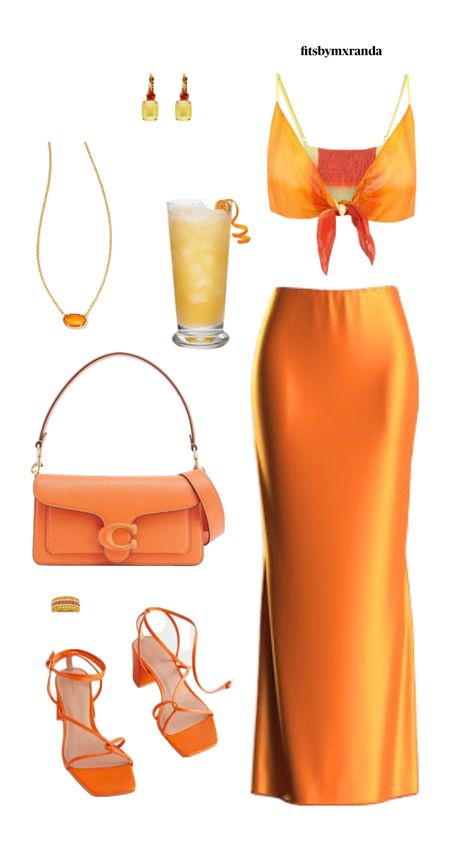 ORANGE CRUSH OUTFIT INSPO #outfitinspo #outfit Mexico, Orange Night Outfit, Orange Going Out Outfit, Light Orange Outfit, Orange Baddie Outfits, Orange Concert Outfit, Tequila Sunrise Outfit, Orange Two Piece Outfit, Sunset Party Outfit