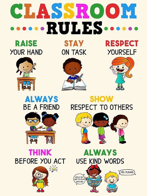 Having classroom rules and discussing with the students the importance of follwoing the rules creates a balance in the classroom. Teaching them that balance comes in different forms and classroom rules is one of those forms, to keep everything in order and running smoothly! Discipline Rules For Students, Classroom Responsibility Chart, Greeting Chart For Preschool, 2nd Grade Classroom Rules, Classroom Rules Display Ideas, Classroom Behavior Chart Ideas, Classroom Rules Charts For Preschool, Good Manners Activity For Kids, Essential Agreements Kindergarten