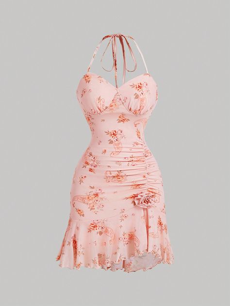 Pink Boho Collar Sleeveless Knitted Fabric Floral,Plants,All Over Print Cami Embellished Medium Stretch  Women Clothing Coquette Dress Pink, Vestidos Coquette, Pink Floral Dress Short, Coquette Clothes, Housewife Dress, Party Dress Pink, Vestido Shein, Pink Bodycon Dress, Dress Western