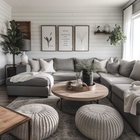 How to Create a Stunning Grey Modern Farmhouse Living Room • 333+ Images • [ArtFacade] Grey Modern Farmhouse Living Room, Grey Modern Farmhouse, Gray Sectional Living Room, Gray Living Room Design, Grey Sofa Living Room, Modern Farmhouse Living Room Decor, Grey Couch Living Room, Shiplap Walls, Modern Farmhouse Living