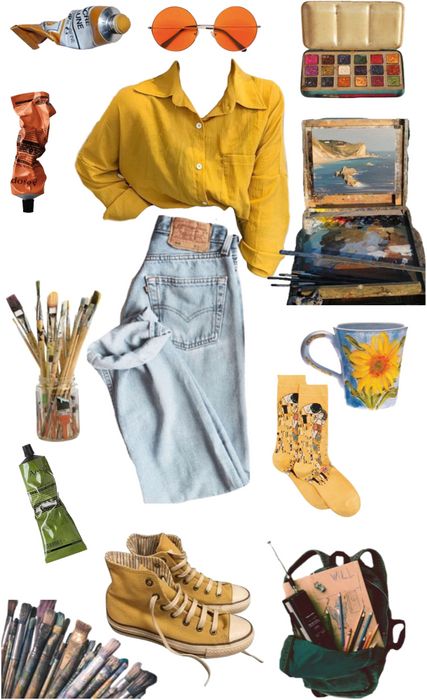 1998 Outfit Ideas, Random Clothes Outfit, Artsy Retro Outfits, Vintage Outfits Moodboard, Artist Inspired Outfits, Disgust Outfit Ideas, Art Outfit Inspiration, Artist Clothing Aesthetic, Momcore Aesthetic Outfits