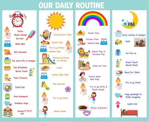 Daily Routine - Schedule for Toddler Schedule Life Daily Routines, Daily Routine Chart For Kids At Home, Daily School Routine Schedule, Toddler Night Time Routine Chart, Daily Routine Schedule For Preschoolers, Toddler Routine Chart Visual Schedules, Daily Rythyms, Daily Ruteen, Daily Activities For Toddlers