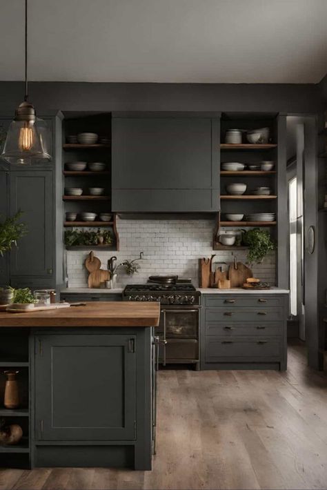 grey moody farmhouse kitchen Dark Cabinets Kitchen With Butcher Block, Moody Green Cabinets Kitchen, Kitchen Black Cabinets Green Walls, Charcoal And Green Kitchen, Kitchen Charcoal Cabinets, Dark Green Moody Kitchen, Dark And Moody Kitchens, Timber Look Kitchen, Dark Charcoal Kitchen Cabinets