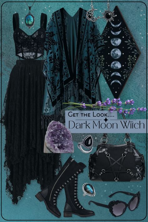 Dark Moon WitchA little goth, a little bit bohemian, a whole lot of witchy. Stevie Nicks would approve of this outfit with the flowy layers, shall, lace, crystals, and gorgeous vibes. #affiliatelinks Dark Floral Clothes, Gothic Modern Fashion, Casual Witch Aesthetic, Tropical Goth Outfit, Witchy Business Casual, Green Witch Aesthetic Outfit, Dark 70s Aesthetic, Forest Witch Aesthetic Fashion, Witchy Fashion Modern Witch