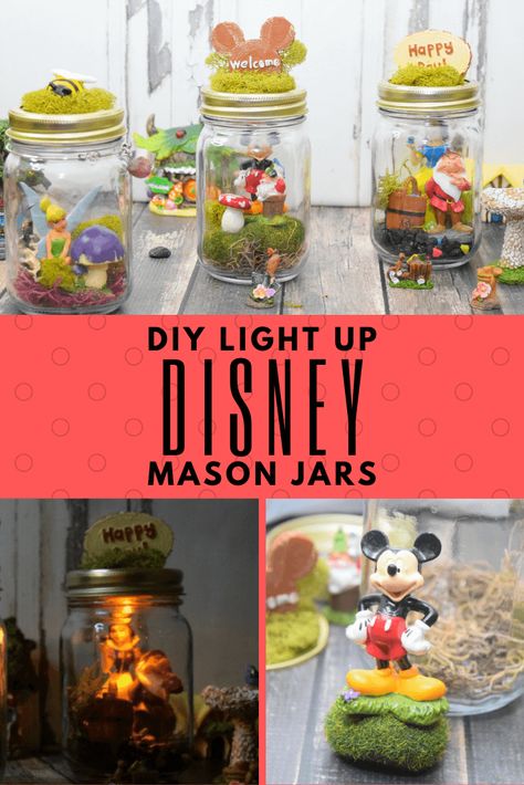 Make a DIY Light Up Disney Mason Jar with your favorite characters for a nightlight for you or the kids with Disney characters. #DIY #craft #kidscrafts #disney Disney Bedrooms For Adults, Disney Bedroom, Flower Bed Decor, Disney Craft, Jar Projects, Disney Garden, Deco Disney, Up Disney, Boss Gifts