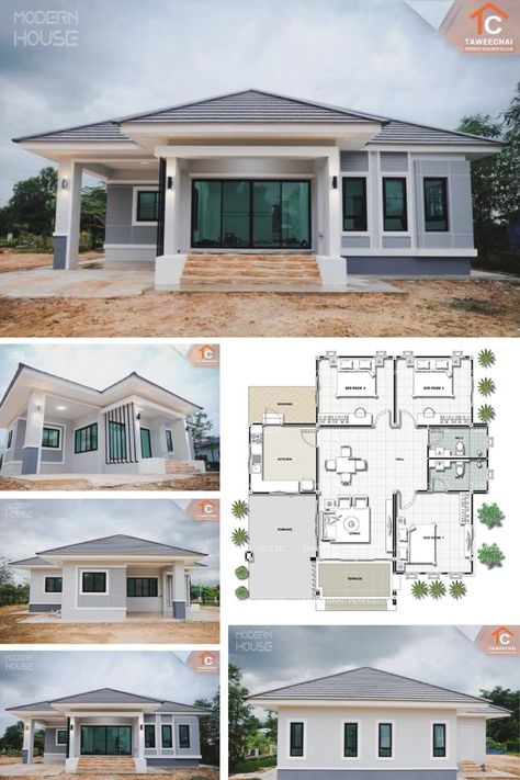 Three Bedroom House Plan Three Bedroom House Plans Modern, 3 Bedroom Modern Bungalow House Plans, Three Bedroom House Plans Modern, House Design 3 Bedrooms, 3 Bedroom House Plans, Four Bedroom House Plans, Modern Bungalow House Plans, Rumah Moden, Bungalow Ideas