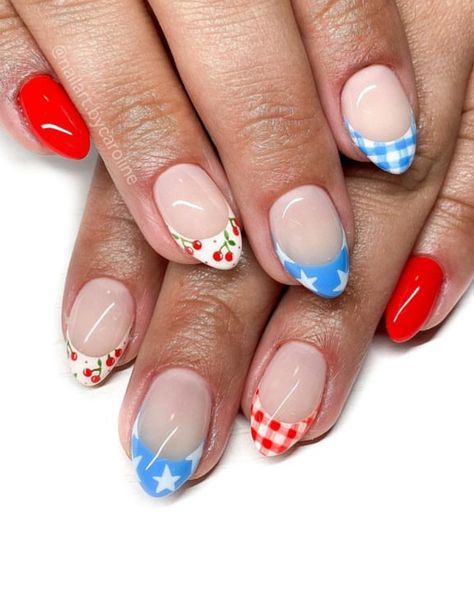 fourthof july nails | 4th of july nails | almomd shape nails | red white and blue nails | star design nails | oval shape | independence day nails | american flag nails | french tip nails | gel | gel x | acrylic | nail art Nails Fireworks, Fireworks Nails, Nails 4th Of July, Stripes Nails, American Flag Nails, Stripe Nails, Nails Star, Flag Nails, America Nails