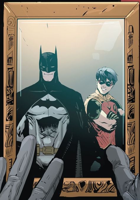 Jason Todd still has the picture. Batman and Robin Bruce Wayne  Red Hood and the Outlaws Rebirth Batman And Robin Movie, Robin Joker, Robin Movie, Jason Todd Robin, Robin Comics, Joker Batman, Univers Dc, 얼굴 그리기, Red Robin