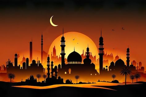 Arabian Nights Background, Town Scenery, Mosque Background, Mosque Illustration, Ramadan Mosque, Building Silhouette, The Arabian Nights, House Silhouette, Creative Branding Design