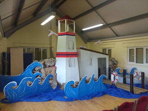 2024 Vbs Decorations, Lighthouse Theme Party, Beach Stage Design, Set Sail Vbs Decorations, Lifeway Vbs 2024, Rocky Beach Vbs, Vbs Lighthouse, Vbs Breaker Rock Beach Decorations, Cardboard Lighthouse