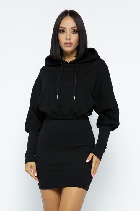 ac796a52db3f16bbdb6557d3d89d1c5adesc52925070ri Hoodie And Dress Outfit, Dress And Hoodie Outfit, Dress With Hoodie Outfit, Hoodie Dress Outfit With Boots, Sweatshirt Over Dress Outfit, Hoodie Over Dress, Hoodies Poses, Sweat Dress Outfit, Black Dresses With Boots