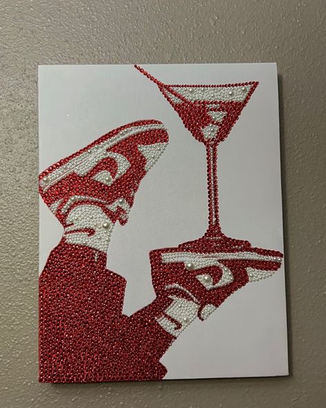 Customer sent me a picture of her completed Red Jordan martini kit.. looks fabulous 🫶 Canvas Painting Ideas For Room Decor, Rhinestone Art Design, Preppy Painting Ideas Easy Simple, Diamond Pictures Art, Diamond Canvas Painting, Diamond Canvas Art, Gem Painting Ideas, Gem Art On Canvas, Rhinestone Wall Art