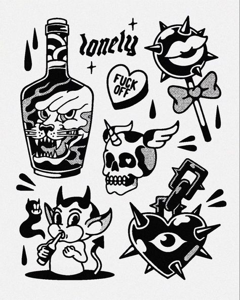 Traditional Tattoo Outline, Traditional Black Tattoo, Pola Tato, Traditional Style Tattoo, Sharpie Tattoos, 4 Tattoo, Flash Sheet, Flash Tattoo Designs, Spooky Tattoos