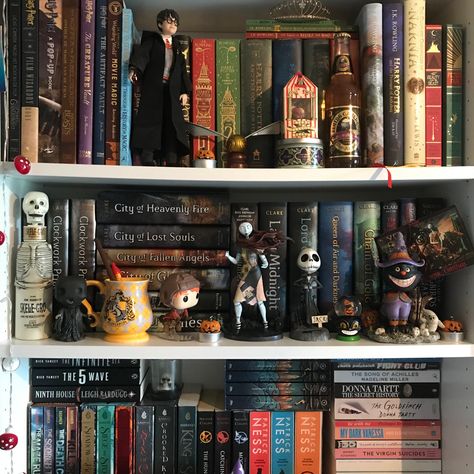 Bookshelf Harry Potter, Percy Jackson Bookshelf, Bookshelf Figurines, Harry Potter Library Decor, Cozy Book Shelf, Bookshelf Aesthetic Bedroom, Nightmare Before Christmas Room, Harry Potter Bedroom Aesthetic, Spooky Bookshelf