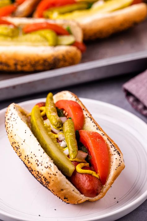 Chicago Dog Recipe, Soft Hot Dog Buns, Sport Peppers, Chicago Dogs, Hot Dog Relish, Brat Sausage, Sweet Pickle Relish, Chicago Style Hot Dog, Chicago Hot Dog