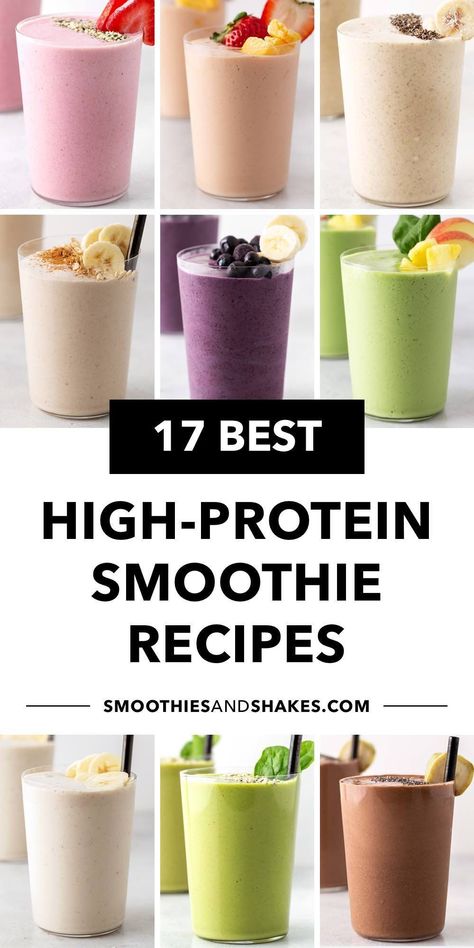 For a delicious way to boost your protein intake, make these 5-minute high-protein smoothies. Enjoy one after working out or whenever you need a filling snack. #proteinsmoothies #highproteinsmoothies #smoothierecipes #proteinshakes High Protien Smoothies, Protein Breakfast Smoothies, High Protein Breakfast Shakes, Healthy High Protein Smoothies, High Protein Shake Recipes, High Protein Breakfast Smoothies, Simple Protein Shake Recipes, Healthy Protein Shake Recipes, Protien Smoothies Recipes